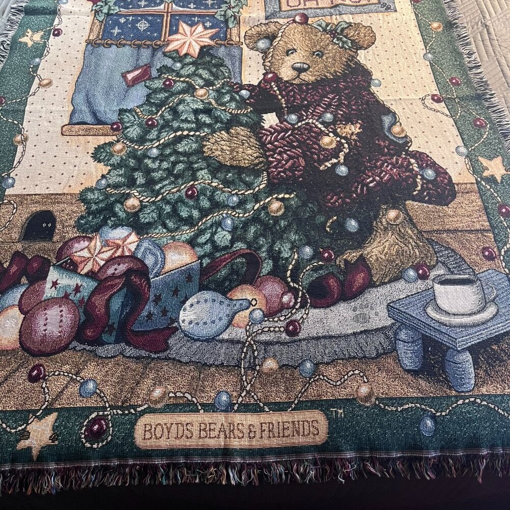 Vintage Boyds Bears & Friends Christmas Tapestry Throw Blanket Elliot Tree